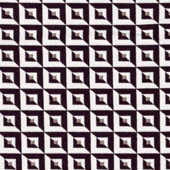 Grimaldi fabric swatch, black and white geometric pattern, interlocking squares with textured triangular sections, optical illusion design.